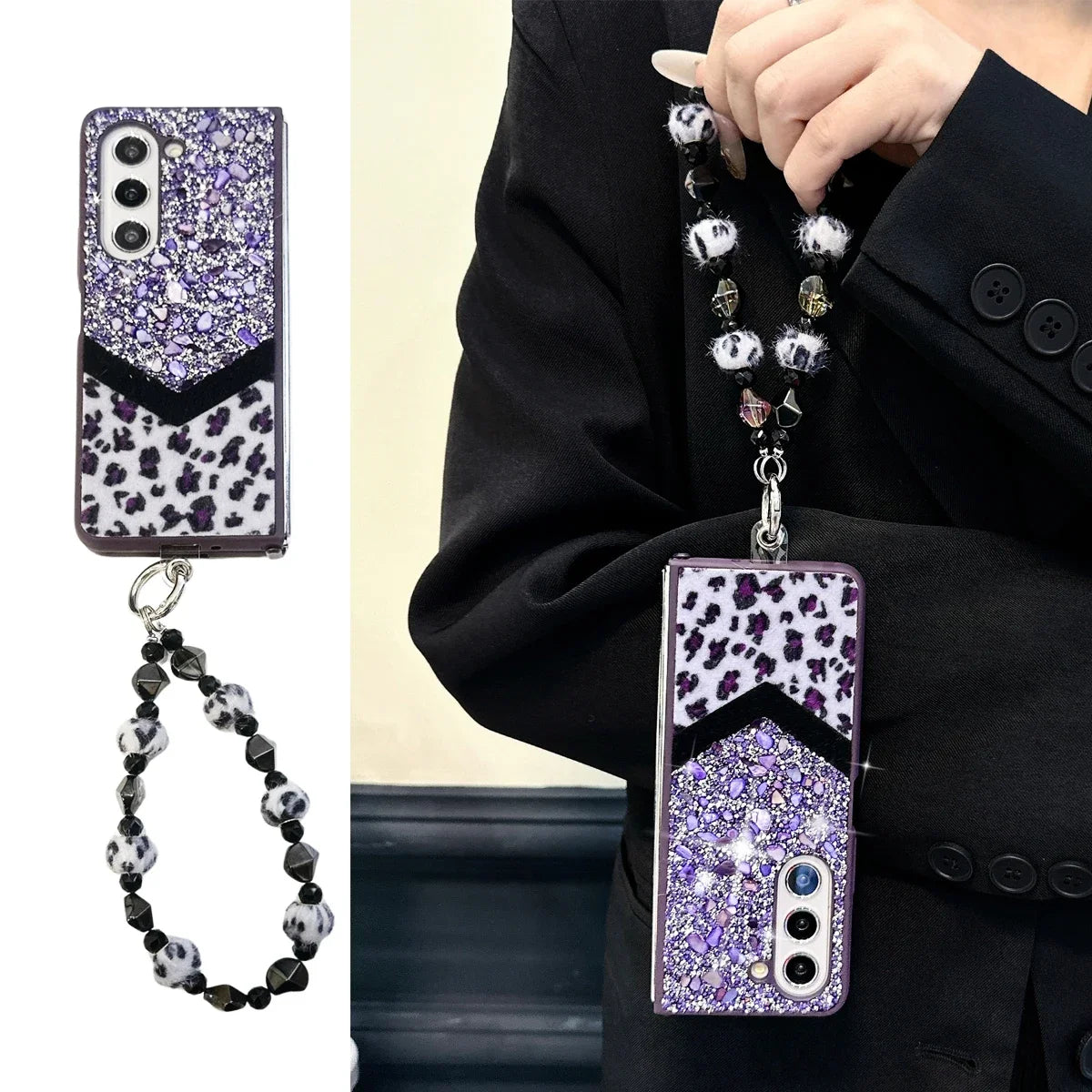Luxury Bling Rhinestone Leopard Print Case For Samsung Galaxy Z Fold 6 5 4 3 5G Fold4 Fold5 Cover Fold6 Fashion Bracelet Shell