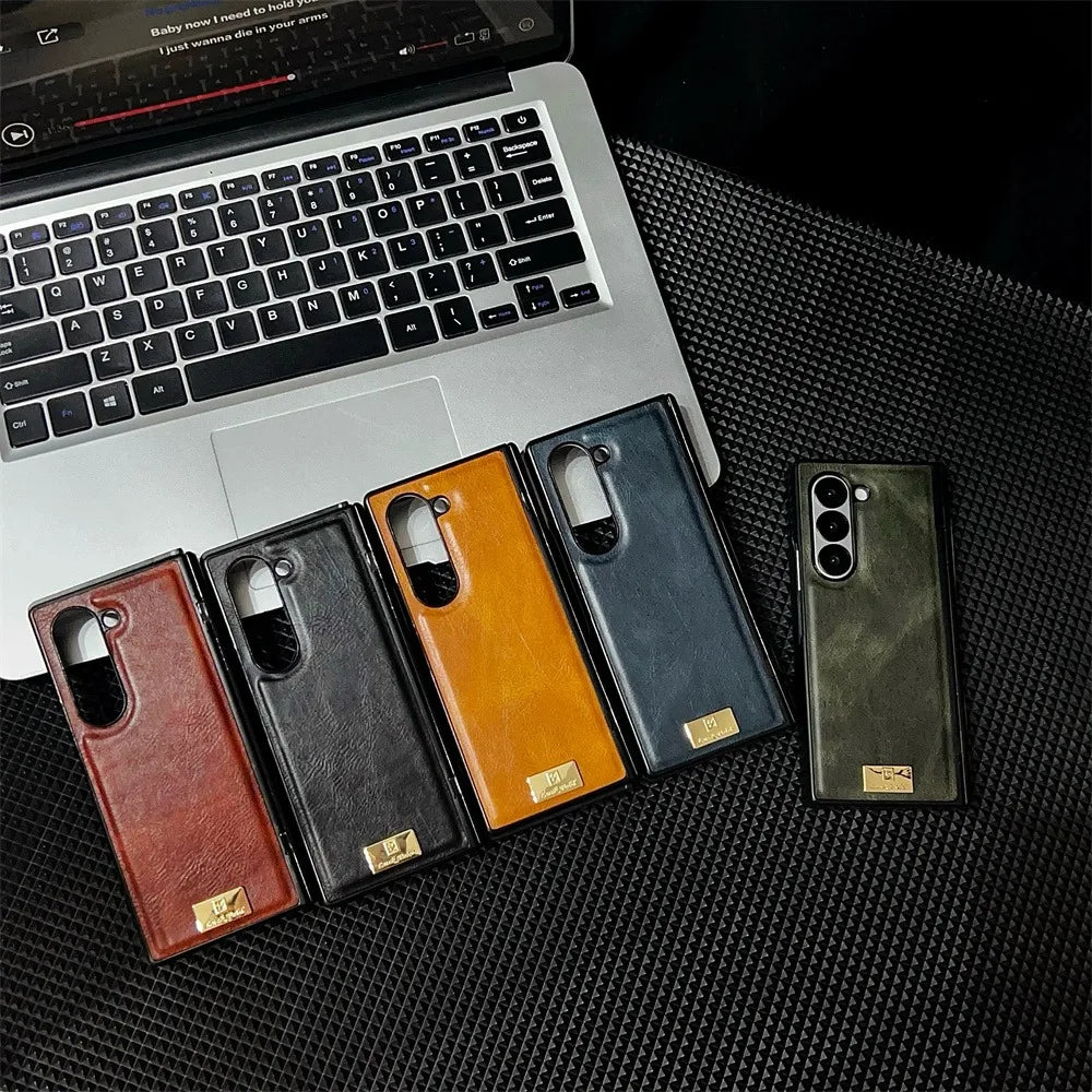 Retro Leather Hard Shell Shockproof Phone Case for Samsung Galaxy Z Fold 6 5 4 3 Fold6 Fold5 Fold4 Fold3 Hinge Protective Cover
