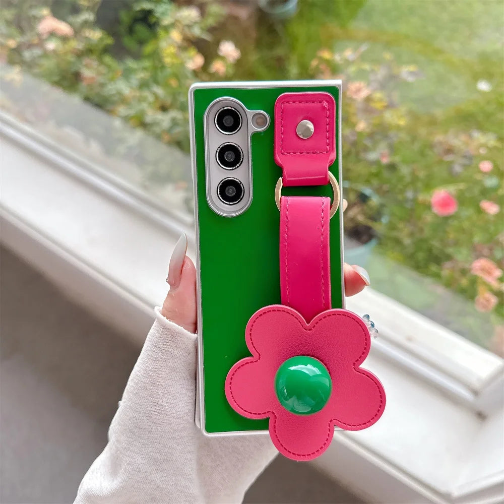 For Samsung Galaxy Z Fold7 Fold 7 6 5 4 3 Zfold6 3D Flowers Leather Wristband Phone Case Plating Silver Frame Shockproof Cover