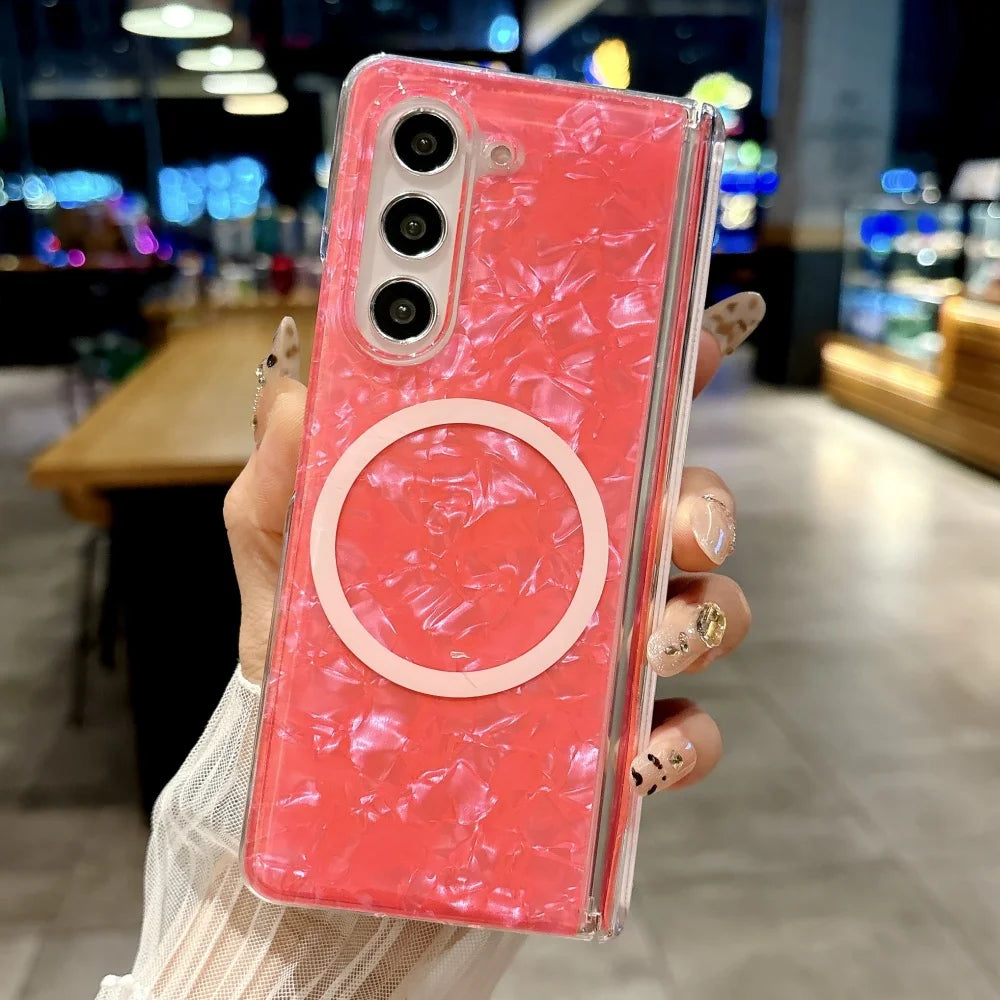 Dreamy Shell Pattern Magnetic Hinge Case For Samsung Galaxy Z Fold 7 6 5 4 5G Wireless Charging Ultra Thin Hard PC Bumper Cover