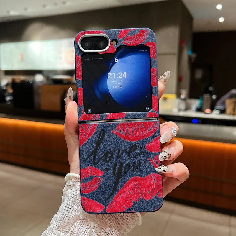 Red Lips Print Folding Phone Case For Samsung Galaxy Z Flip 6 5 4 3 Leather Texture TPU Cover For Samsung Z Flip6 Flip5 Flip4 5G