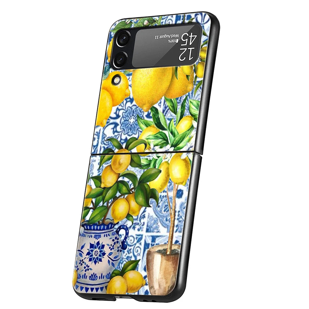 Luxury Phone Case For Samsung Galaxy Z Flip 3 4 5 6 Hard Folding PC For Samsung Z Flip3 Flip4 Flip5 Cover Retro Fruit lemon