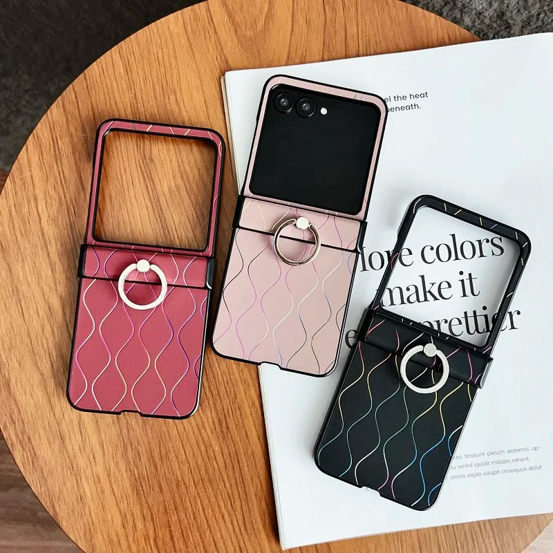 Luxury Wave Pattern Ring Phone Case For Motorola Razr 60 50 40 Ultra 50Ultra 3-piece Set Wavy Line Hinge Anti-Scratch Back Cover