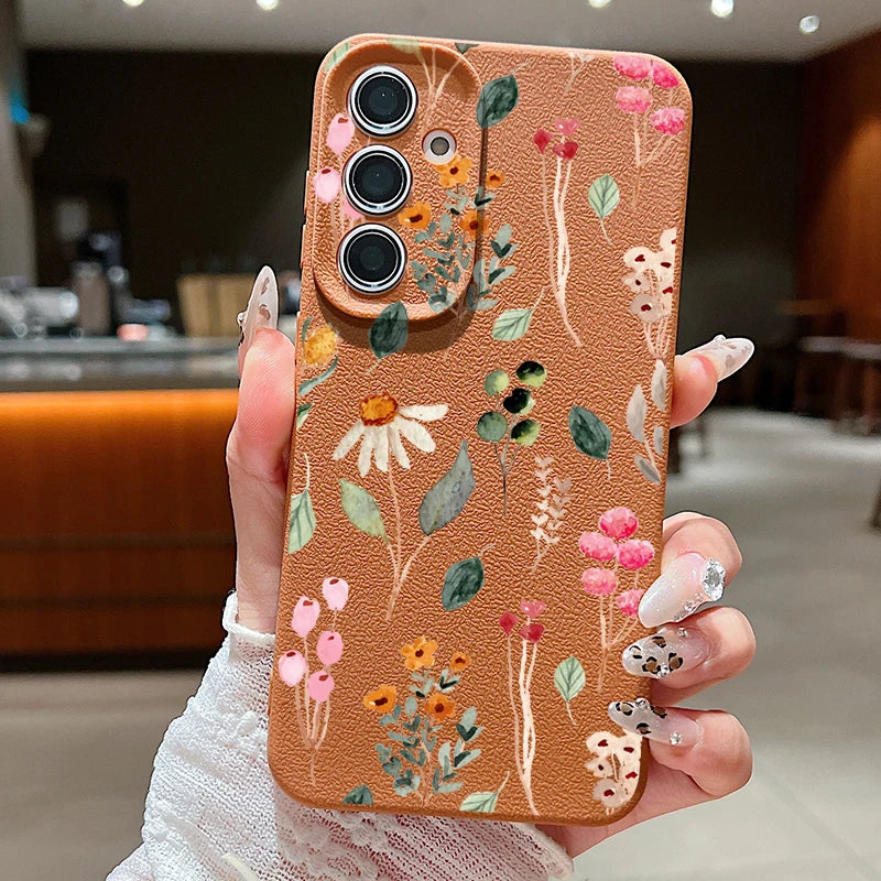 Small Flowers Leather Texture TPU Case For Samsung Galaxy A16 A55 A15 A54 A35 A25 A56 5G S24 FE S25 S23 S22 Ultra Phone Cover