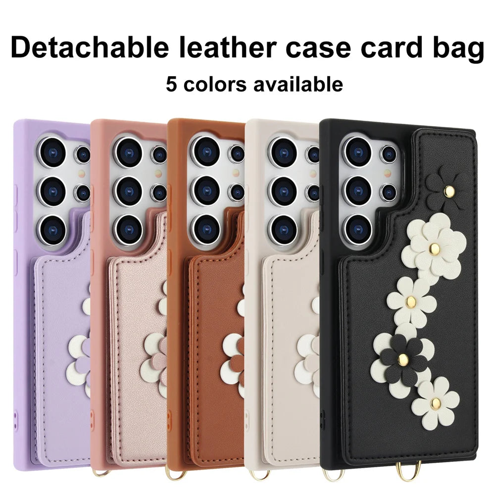 Crossbody Leather Rope Wallet Wrist Strap Phone Case for Samsung S25 S24 Plus S23 FE S22 Ultra A55 A54 A53 A35 A34 A15 A13 Cover