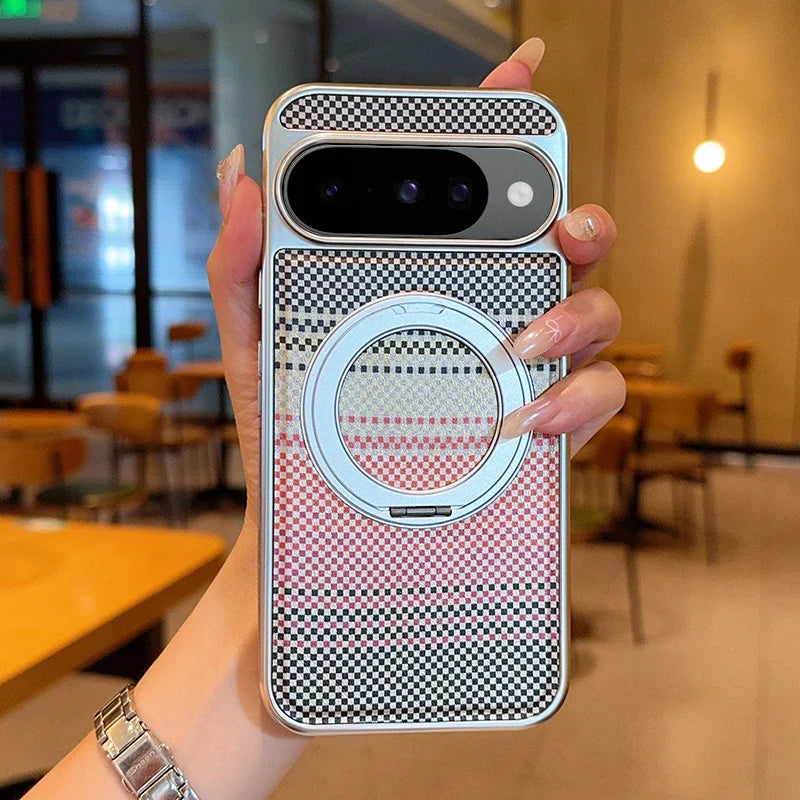 Magnetic Business Carbon Fiber Texture Plating Case For Google Pixel 10 Pro XL 9 9A 360°Rotating Bracket Anti-Drop Protect Cover