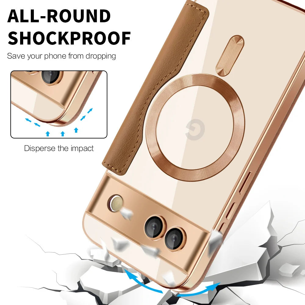 Luxury Leather Wallet Card Clip Magnetic Clear Phone Case for Google Pixel 9 Pro XL 8A 7A Plating Wireless Charging Flip Cover