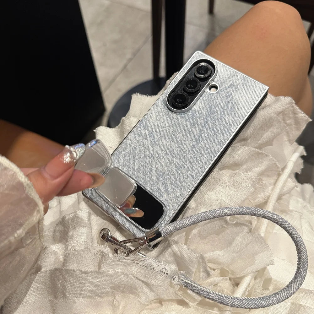 With Bracket Lanyard Phone Case For Samsung Galaxy Z Fold 7 6 5 4 3 Silver Luxury Leather Brief Shockproof Cover For Fold7 6