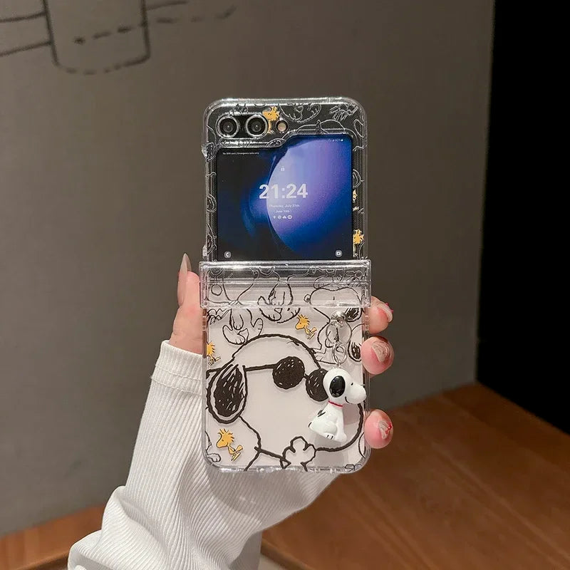 Cute Cartoon Snoopy Charlie Brown Peanuts Transparent Phone Case For Samsung Galaxy Z Flip 6 5 Hard PC Back Cover For Z Flip 3 4