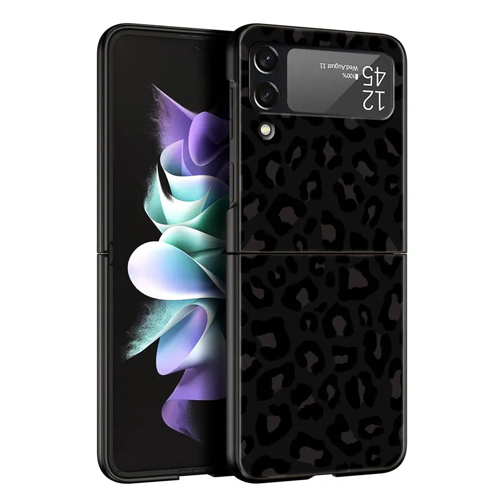 Leopard Print Pattern Phone Case For Samsung Galaxy Z Flip3 Flip4 Flip5 Shell For Z Flip 3 Flip 5 4 5G Black Hard Folding Cover