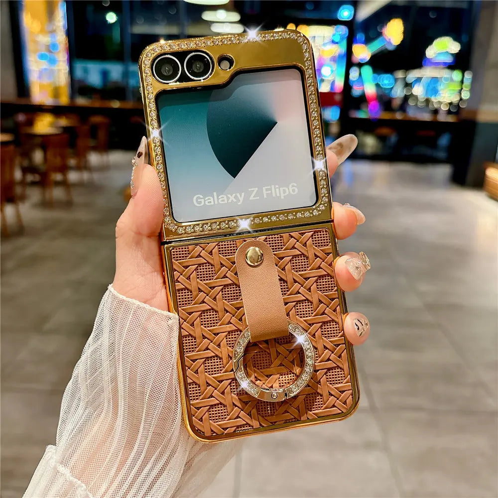 Ring Holder PU Leather Plating Case For Samsung Galaxy Z Flip 6 Flip 5 Flip 4 Zflip 3 Bling Diamond Shockproof Cover