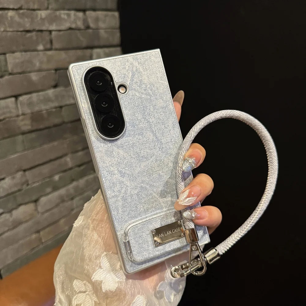 With Bracket Lanyard Phone Case For Samsung Galaxy Z Fold 7 6 5 4 3 Silver Luxury Leather Brief Shockproof Cover For Fold7 6