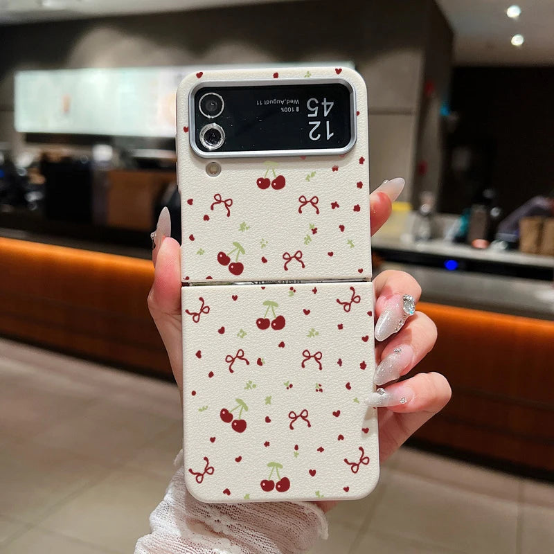 For Samsung Galaxy Z Flip 3 4 5 6 5G Leather Texture Phone Case Cherry Pattern Soft TPU Folding Cover For Samsung Z Flip5 Flip4