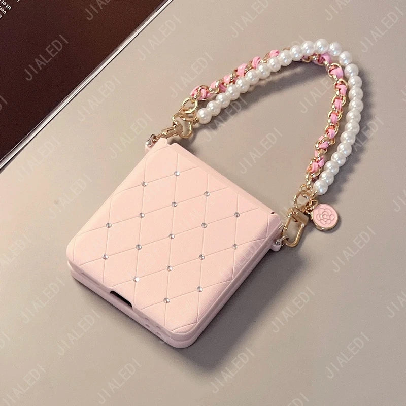 Flower Hand Strap Rhinestone Rhombus Leather Phone case For Motorola Razr 50 60 Ultra Moto Razr60 Plus