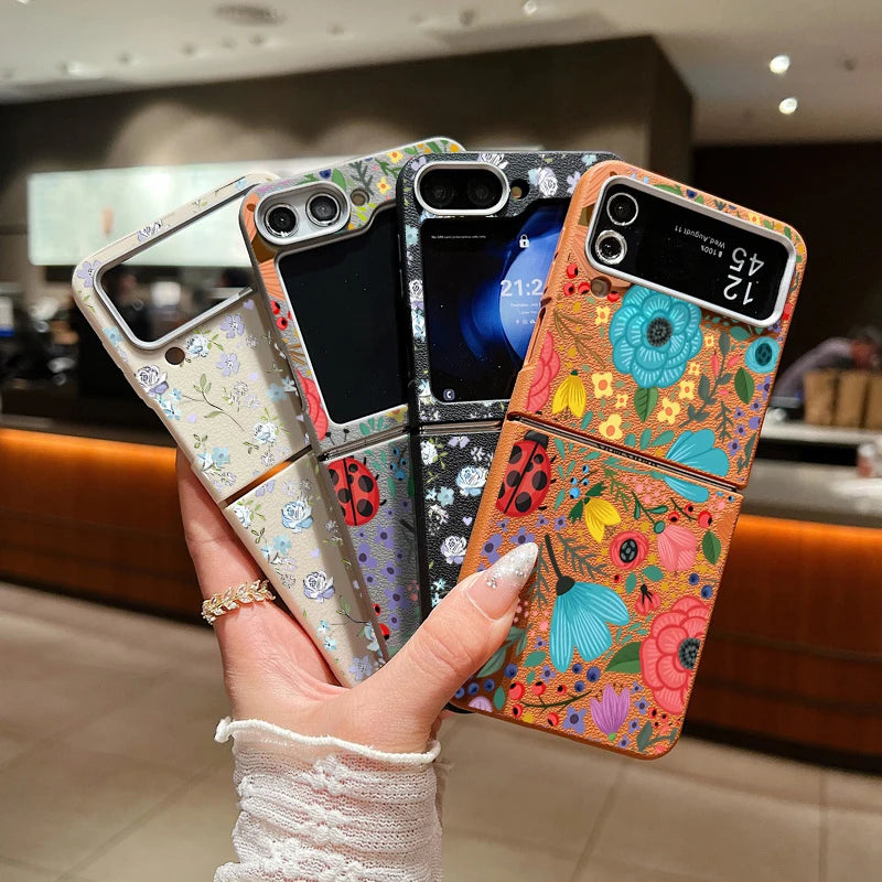 Romantic Garden Flower Case For Samsung Z Flip4 Flip5 Flip6 5G Leather Texture TPU Folding Cover For Samsung Galaxy Z Flip 3 4 5