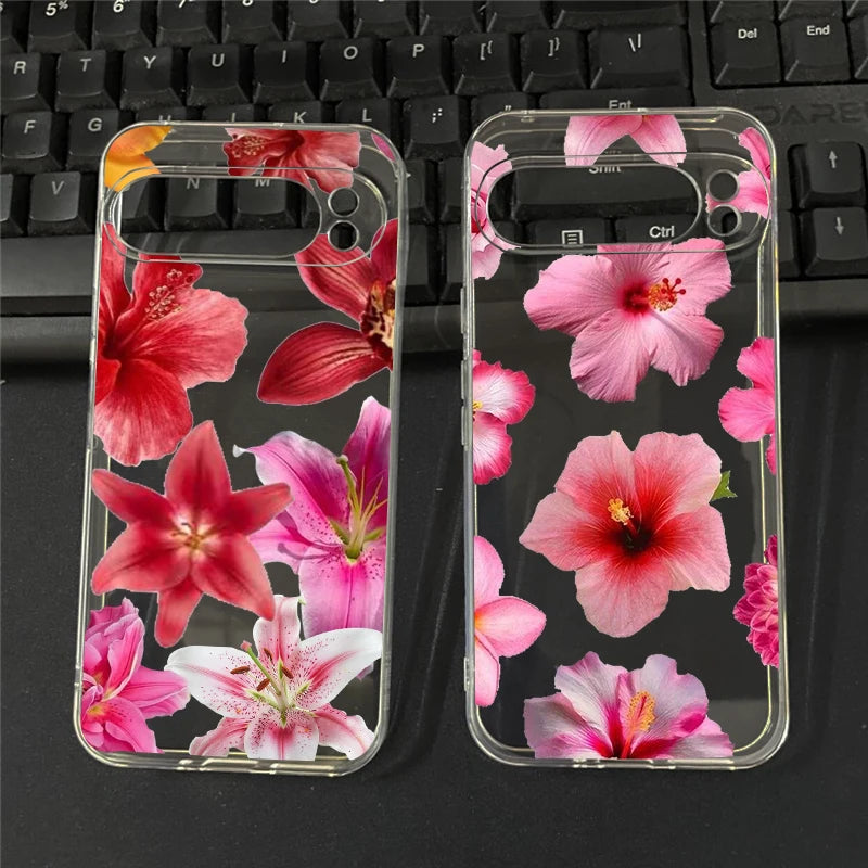 Elegant Pink Lily Pattern Phone Case For Google Pixel 8A 9 Pro XL 8 Pro 10 7 6A 5G Flower Hibiscue Transparent Soft TPU Cover