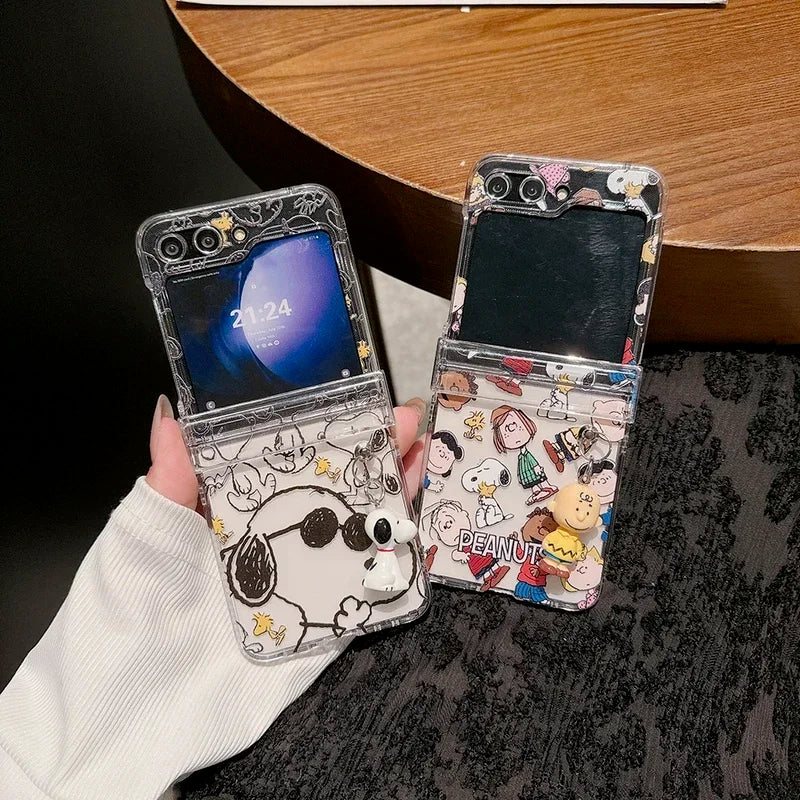 Cute Cartoon Snoopy Charlie Brown Peanuts Transparent Phone Case For Samsung Galaxy Z Flip 6 5 Hard PC Back Cover For Z Flip 3 4