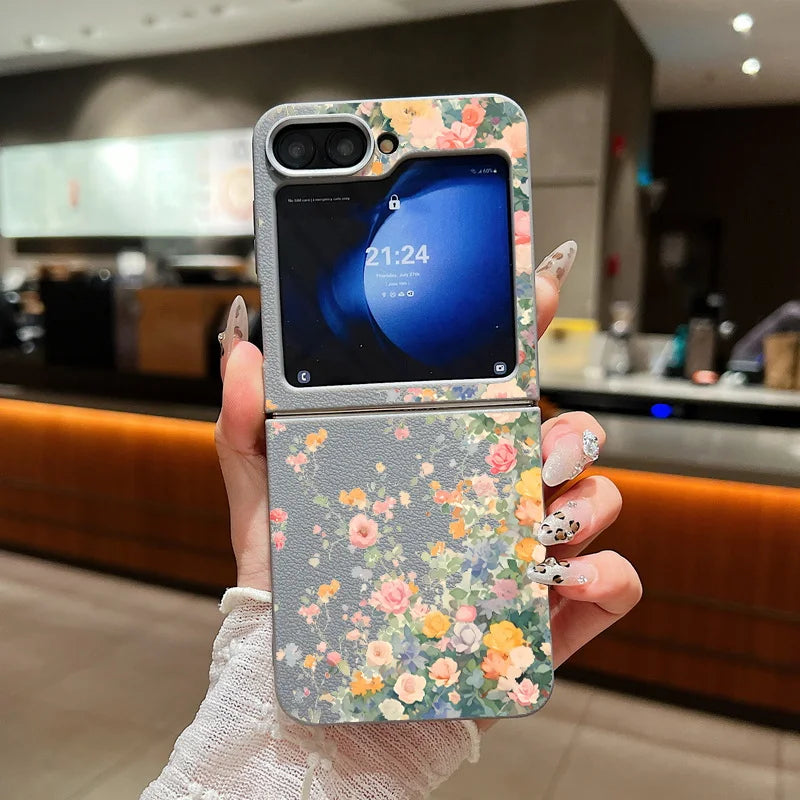 For Samsung Galaxy Z Flip 7 6 5 4 3 5G Luxury Leather Phone Case Retro Flowers Soft TPU Folding Cover For Samsung Z Flip5 Flip3