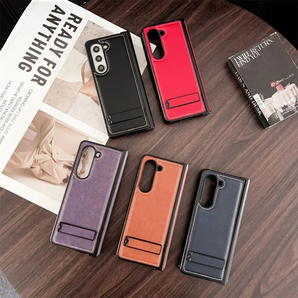 Shockproof Hinge Protective Bracket Phone Case for Samsung Galaxy Z Fold 6 5 4 3 Fold6 Fold5 Fold4 Fold3 5G PU Leather Cover