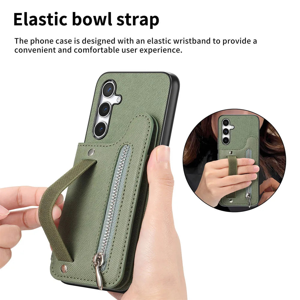 Zipper Cards Solt Wallet Leather Case For Samsung Galaxy A56 A55 A54 A53 A34 A36 A35 A25 A17 Elastic Rope Wrist Leather Cover