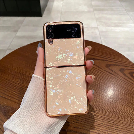 Shell Pattern Gold Plating Glitter Case For Samsung Z Flip 6 Flip 5 Flip 3 4 Cover Back Shell