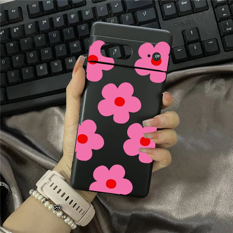 INS Cute Pink Daisy Flower Phone Case For Google Pixel 8 Pro 8A 9 Pro XL 10 7 6A 5G Fashion Floral Black Soft Silicone Cover Bag