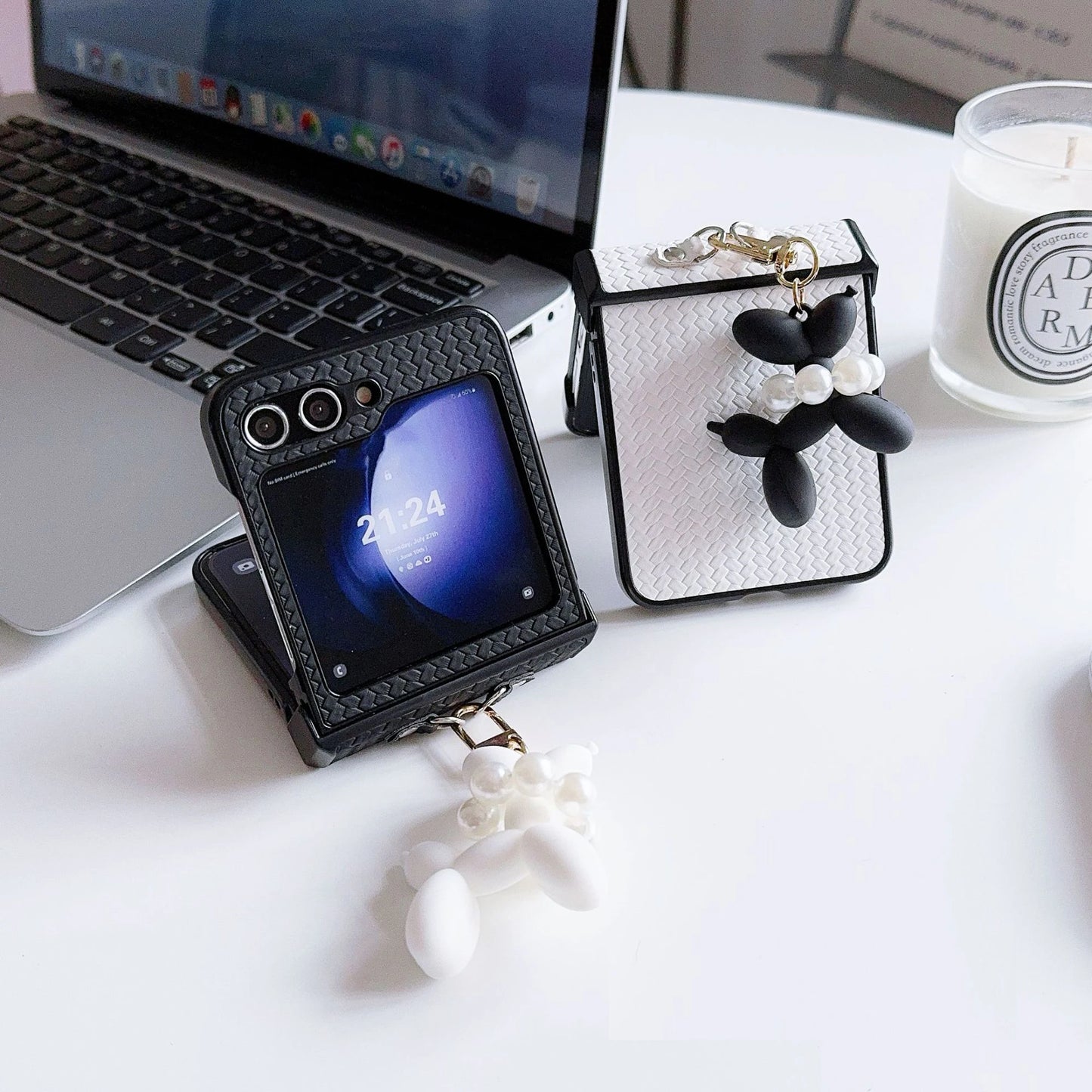 Samsung Woven Folding Phone Case with Dog Pendant Korean Style Folding Phone Accessories for Galaxy Z Flip 3 4 5 6