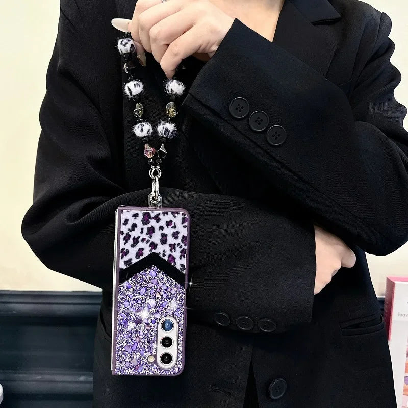 Luxury Bling Rhinestone Leopard Print Case For Samsung Galaxy Z Fold 6 5 4 3 5G Fold4 Fold5 Cover Fold6 Fashion Bracelet Shell