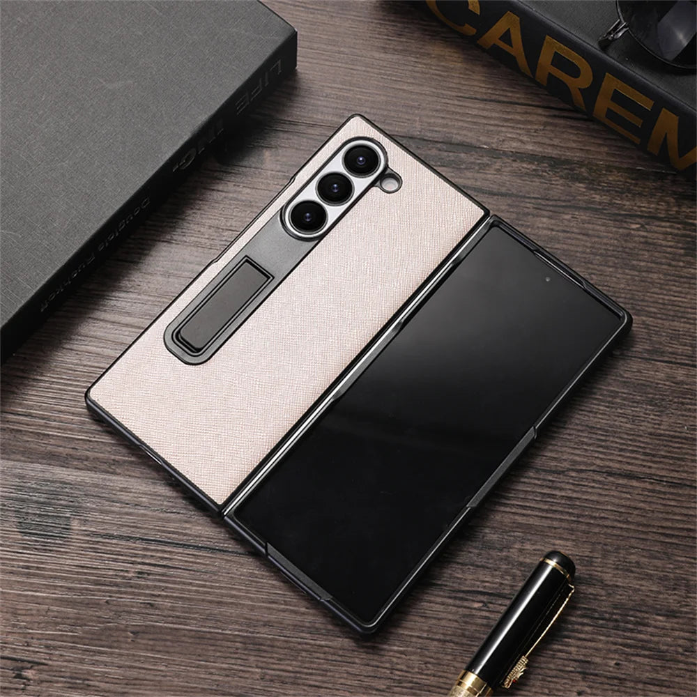 For Samsung Galaxy Z Fold 6 5 Luxury Leather Invisible Stand Holder Case Shockproof Bumper Back Cover For Galaxy Fold 4 3 Fold 6