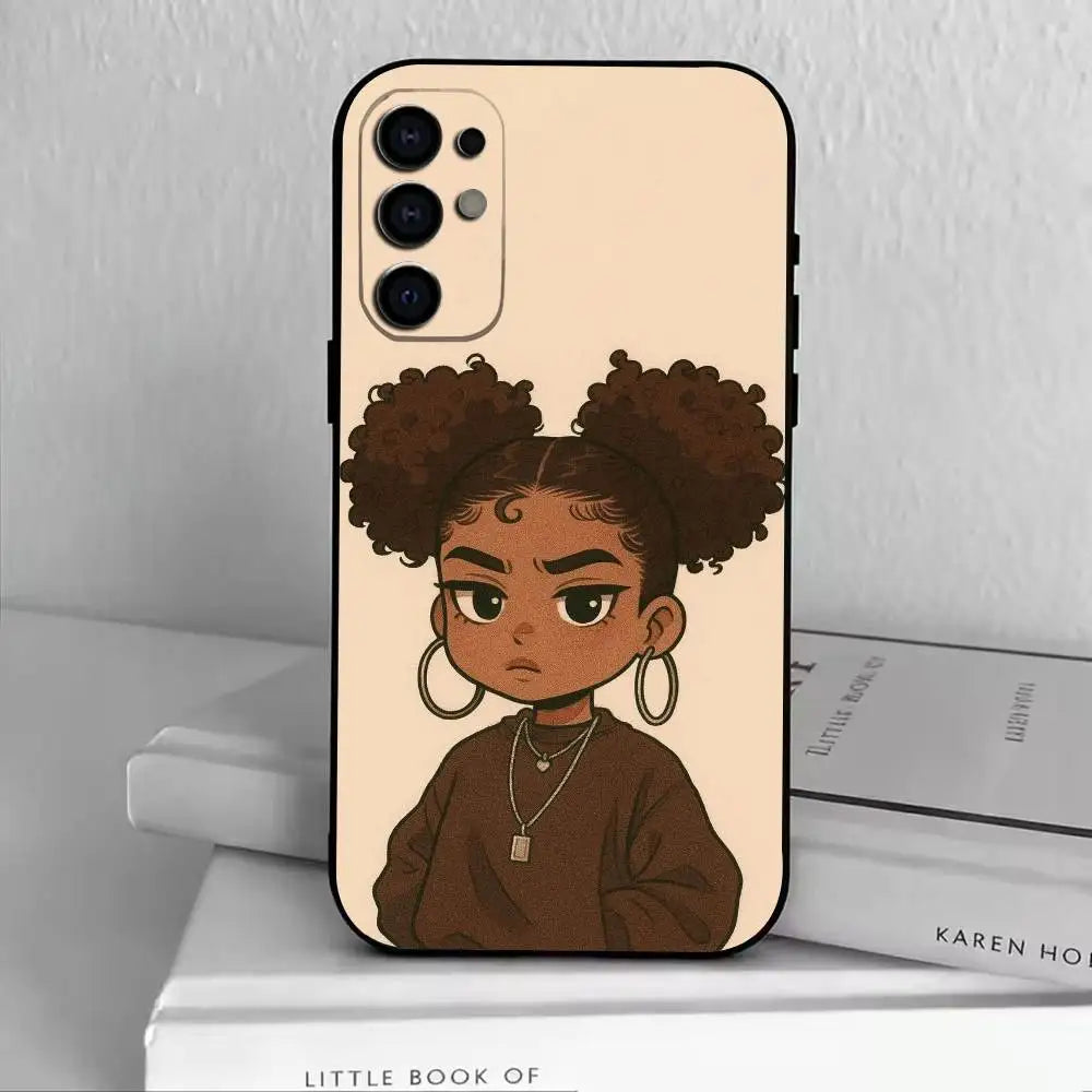 cartoon Black Girl A-Afro Phone Case Black Silicone Soft For Samsung S25,S24,S21,S22,S23,S30,Ultra,S20,Plus,Fe,Lite