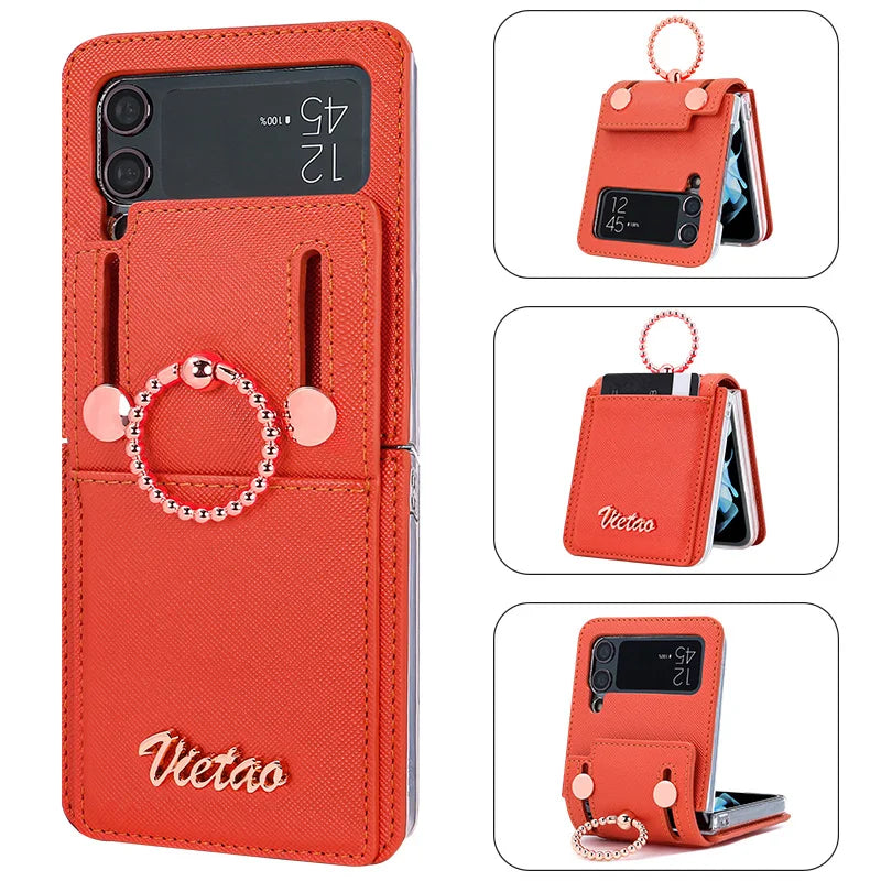 VIETAO Z Flip 3 Phone Case With Finger Ring Holder, PU Leather Cell Phone Cover For Galaxy Z Flip 3 With Card Slot, Rose Gold