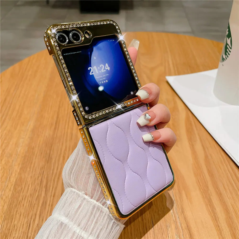 Luxury Bling Diamond Leather Plating Case For Samsung Galaxy Z Flip 6 Flip 5 Flip 3 4 Shockproof Cover Funda