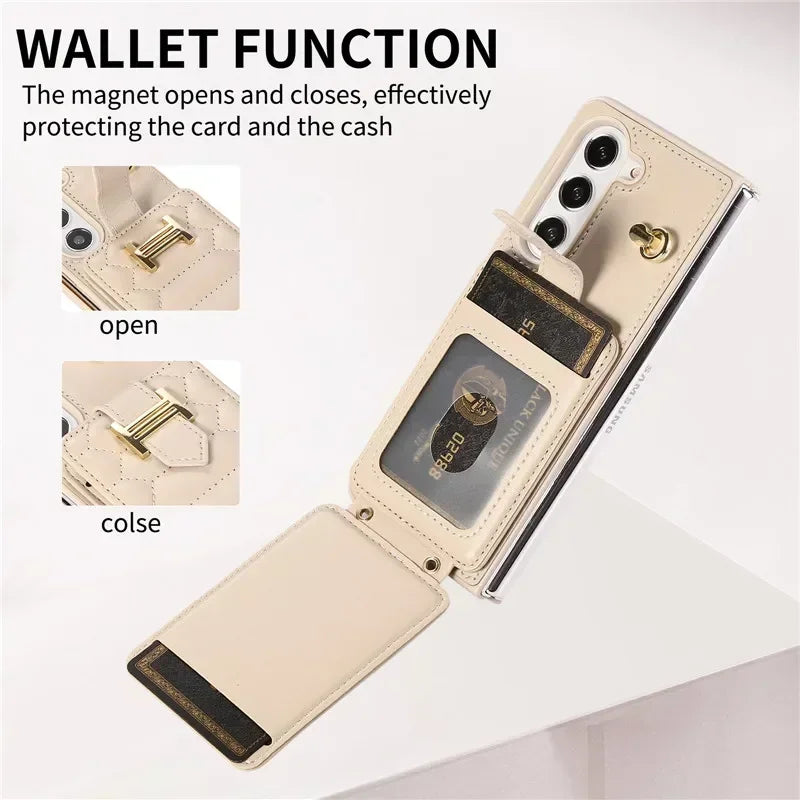 Crossbody Lanyard Leather Phone Case for Samsung Galaxy Z Fold 6 5 4 3 Fold6 Fold5 Fold4 Fold3 Wrist Rope Wallet Card Cover Etui