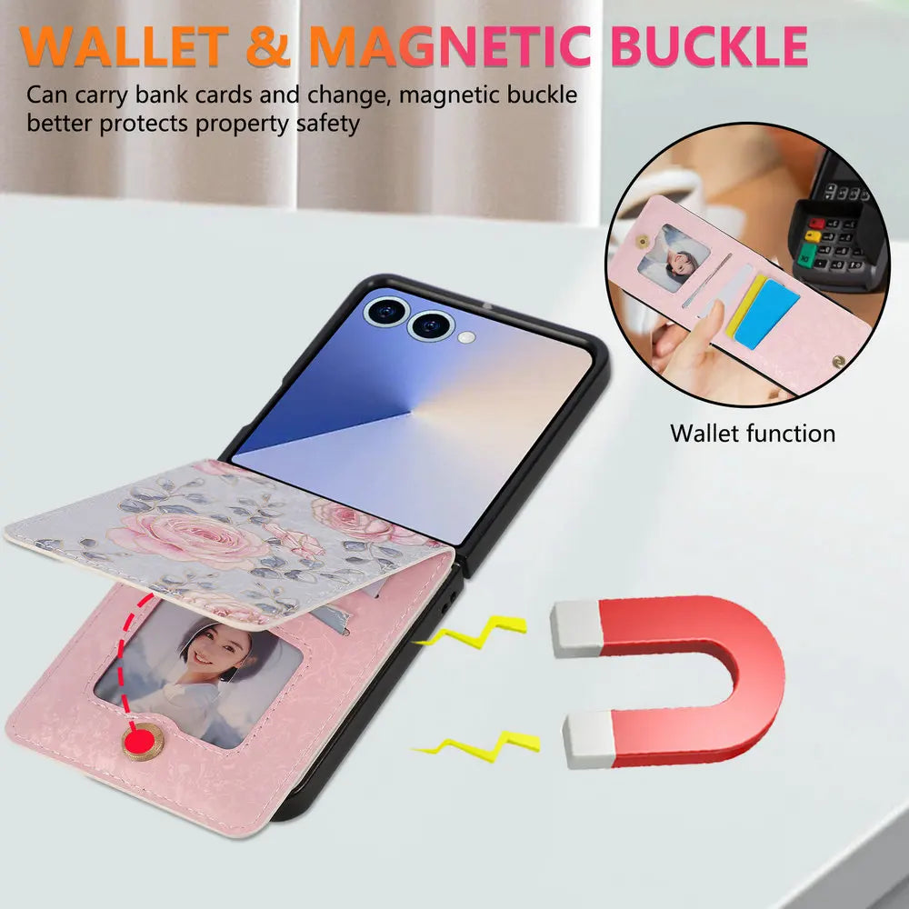 Wallet Double Button Floral Leather Card Coque for Samsung Galaxy Z Flip 7 5G 2025 Luxury Case ZFlip 7 SE Flip7 6 5 Magnet Cover