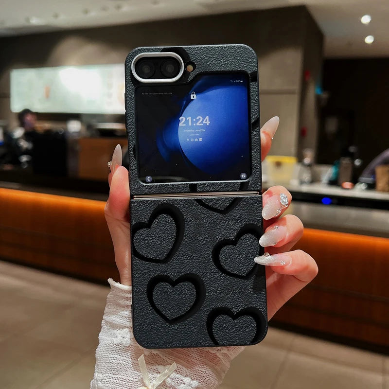 Hollow Out Heart Leather Texture TPU Phone Case For Samsung Galaxy Z Flip 3 4 5 6 Folding Cover For Samsung Z Flip5 Flip6 Flip4