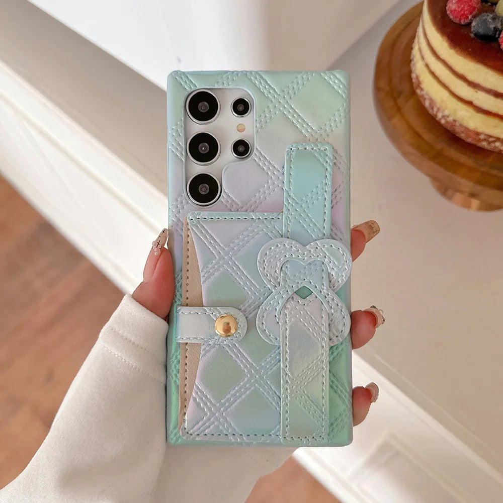 Glitter Dazzling Leather Slot Card Bag Holder Case For Samsung S24 S23 S22 S25 Ultra Luxury Lattice Love Heart Wrist Strap Cover