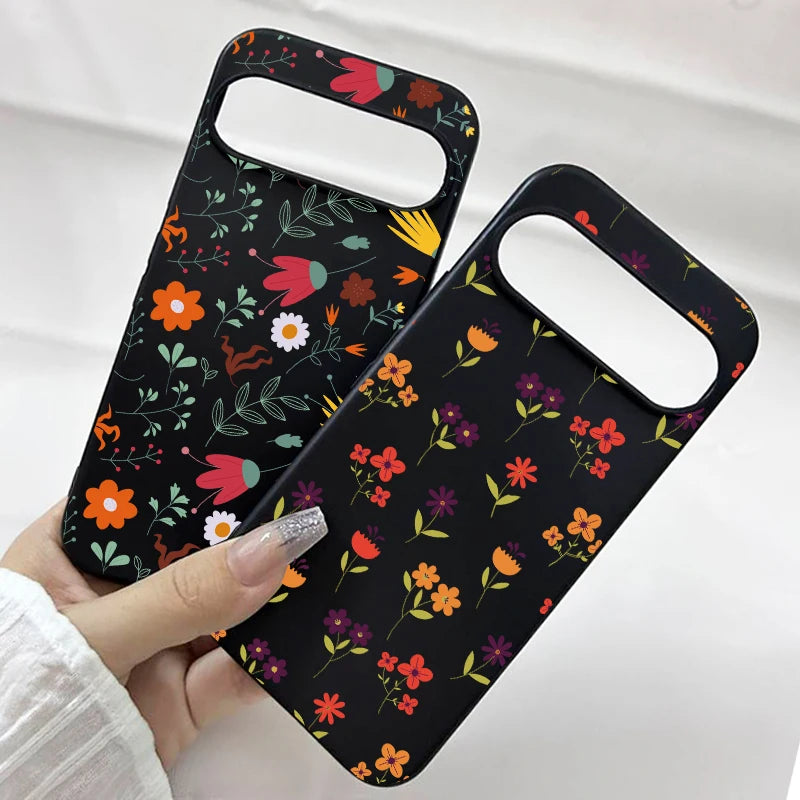 Luxury Flower Leaf Pattern Phone Case For Google Pixel 10 9 Pro XL 8A 8 Pro 7 6A 5G INS Cute Floral Black Soft Silicone Cover