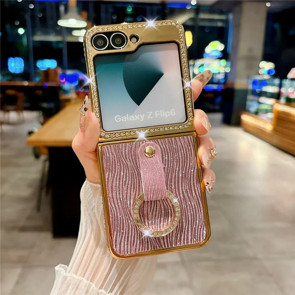 Ring Holder PU Leather Plating Case For Samsung Galaxy Z Flip 6 Flip 5 Flip 4 Zflip 3 Bling Diamond Shockproof Cover