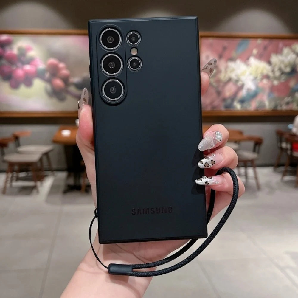 Original Liquid Silicone Wrist Strap Soft Case Samsung Galaxy S25 S24 Ultra S23 S22 Plus S21 FE Lens Protection Thickened Cover