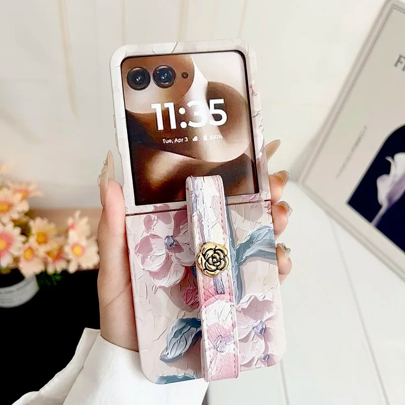 Embossed Watercolor Flower Phone Case For Motorola Razr 60 50 Ultra MOTO RAZR 60Ultra Aesthetic Camellia Wristband Back Cover