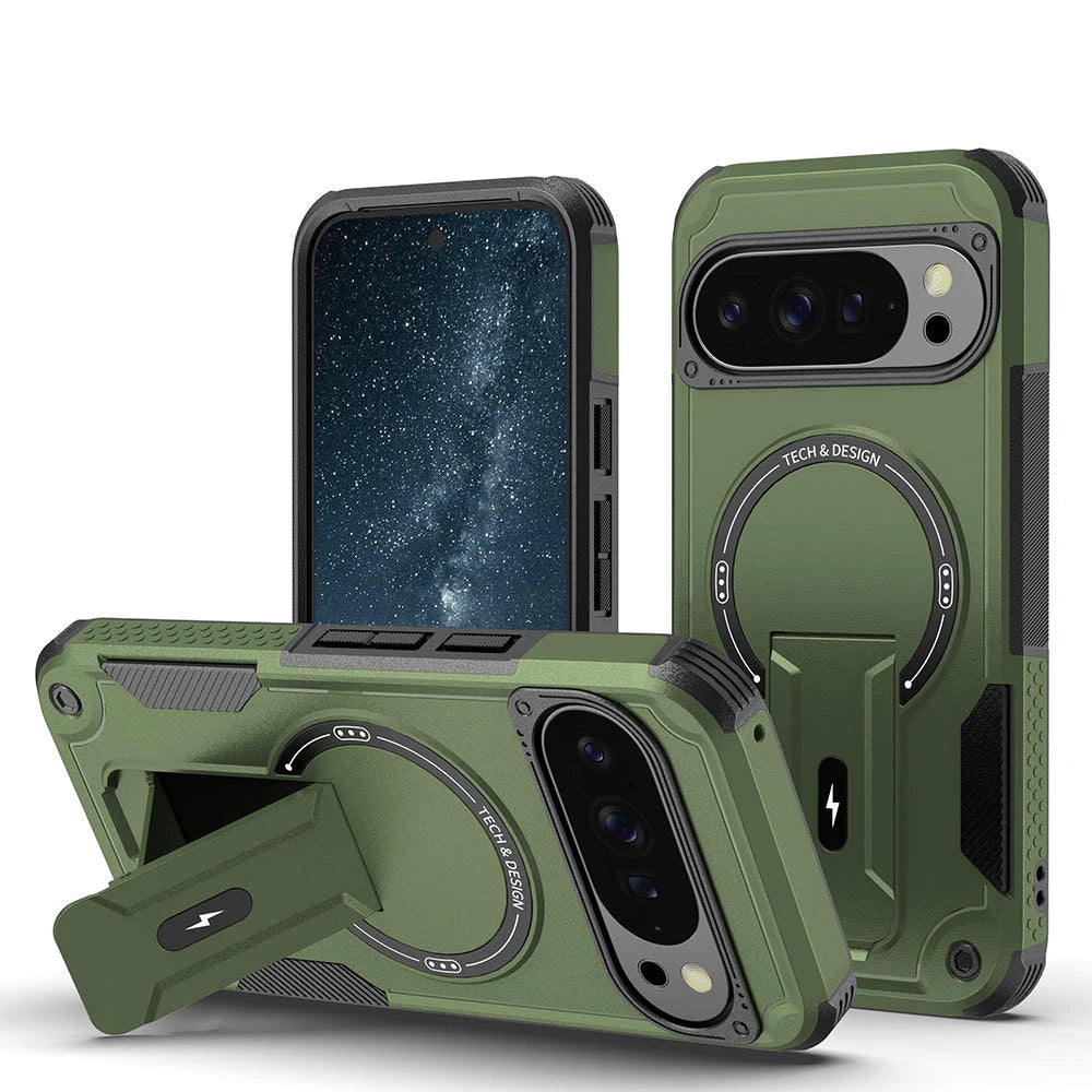Rugged For Magsafe Fold Stand Holder Magnetic Case For Google Pixel 10 10Pro 9 9Pro Heavy Duty Armor Bumper Shockproof Cover