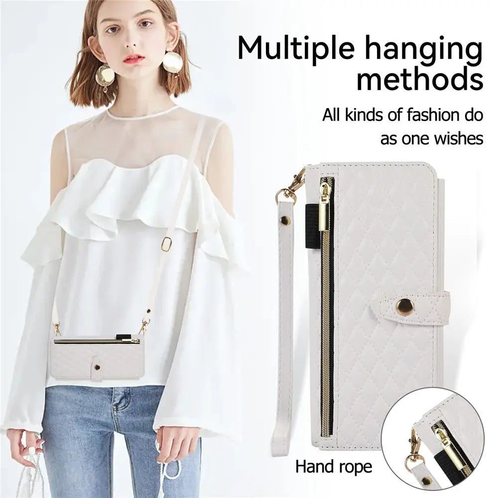 Rhombic Zipper Crossbody Wallet Case For Samsung Galaxy Z Fold 6 Fold 5 4 3 Cards Slots Long Lanyard Leather Cover