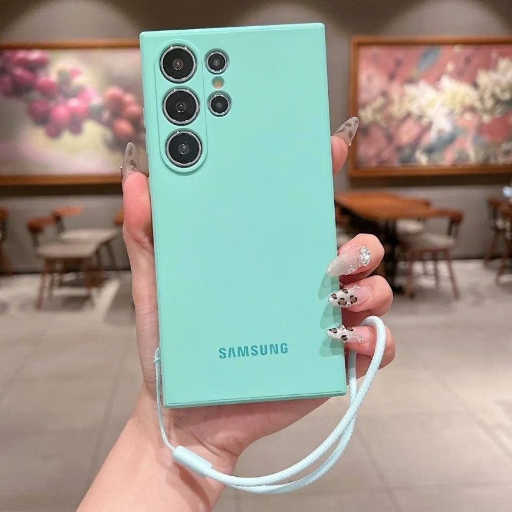 Original Liquid Silicone Wrist Strap Soft Case Samsung Galaxy S25 S24 Ultra S23 S22 Plus S21 FE Lens Protection Thickened Cover