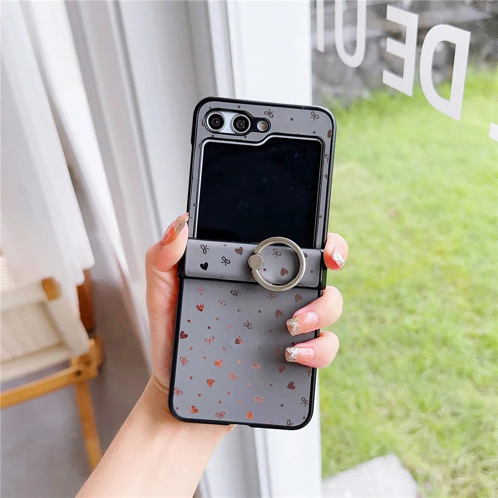 Luxury PU Leather Phone Case for Samsung Galaxy Z Flip 6 5 Flip6 Flip5 5G Ring Hard Shell Shockproof Cover