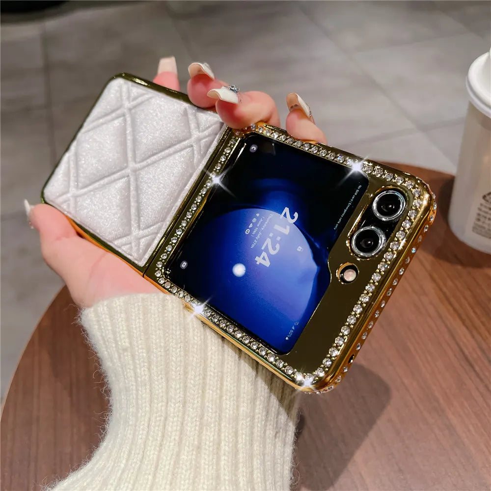 Luxury Bling Diamond Leather Plating Case For Samsung Galaxy Z Flip 6 Flip 5 Flip 3 4 Shockproof Cover Funda