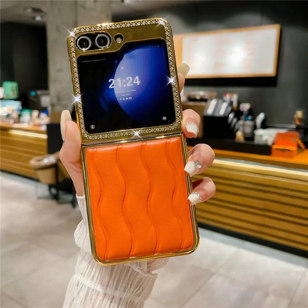 Luxury Bling Diamond Leather Plating Case For Samsung Galaxy Z Flip 6 Flip 5 Flip 3 4 Shockproof Cover Funda