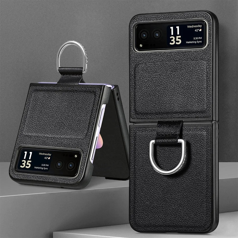 For Motorola Razr 50 Ultra Mooto Razr40 Phone Case with Ring Lychee Pattern PU Leather Razr50Ultra Folding Screen Back Cover