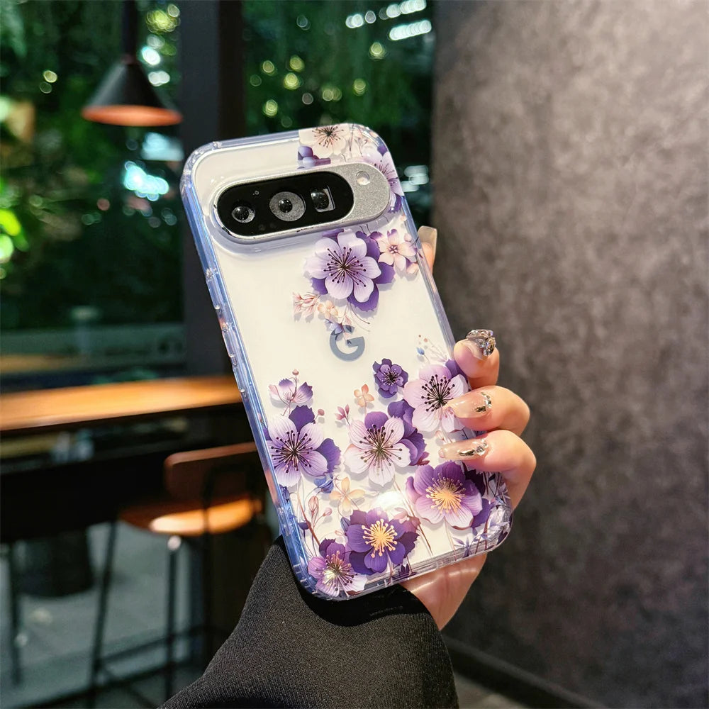 Painting Flower Pattern Clear Phone Case For Google Pixel 10 9 Pro XL 10 9 Pro 9A Printing Floral Shockproof Bumper Hard Cover