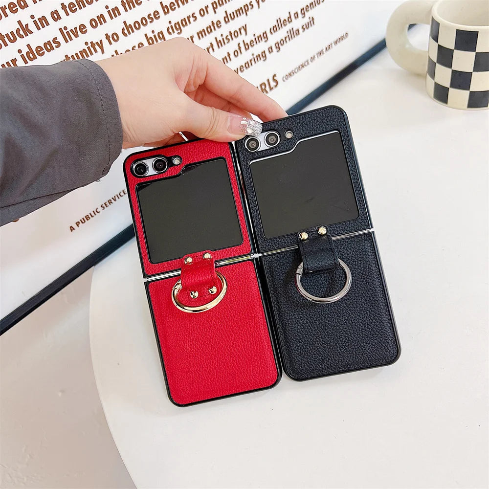 Original Leather Matte Litchi Phone Case For Samsung Galaxy Z Flip 6 5 4 3 Ring Stand Holder Shockproof Cover For Galaxy Flip 6