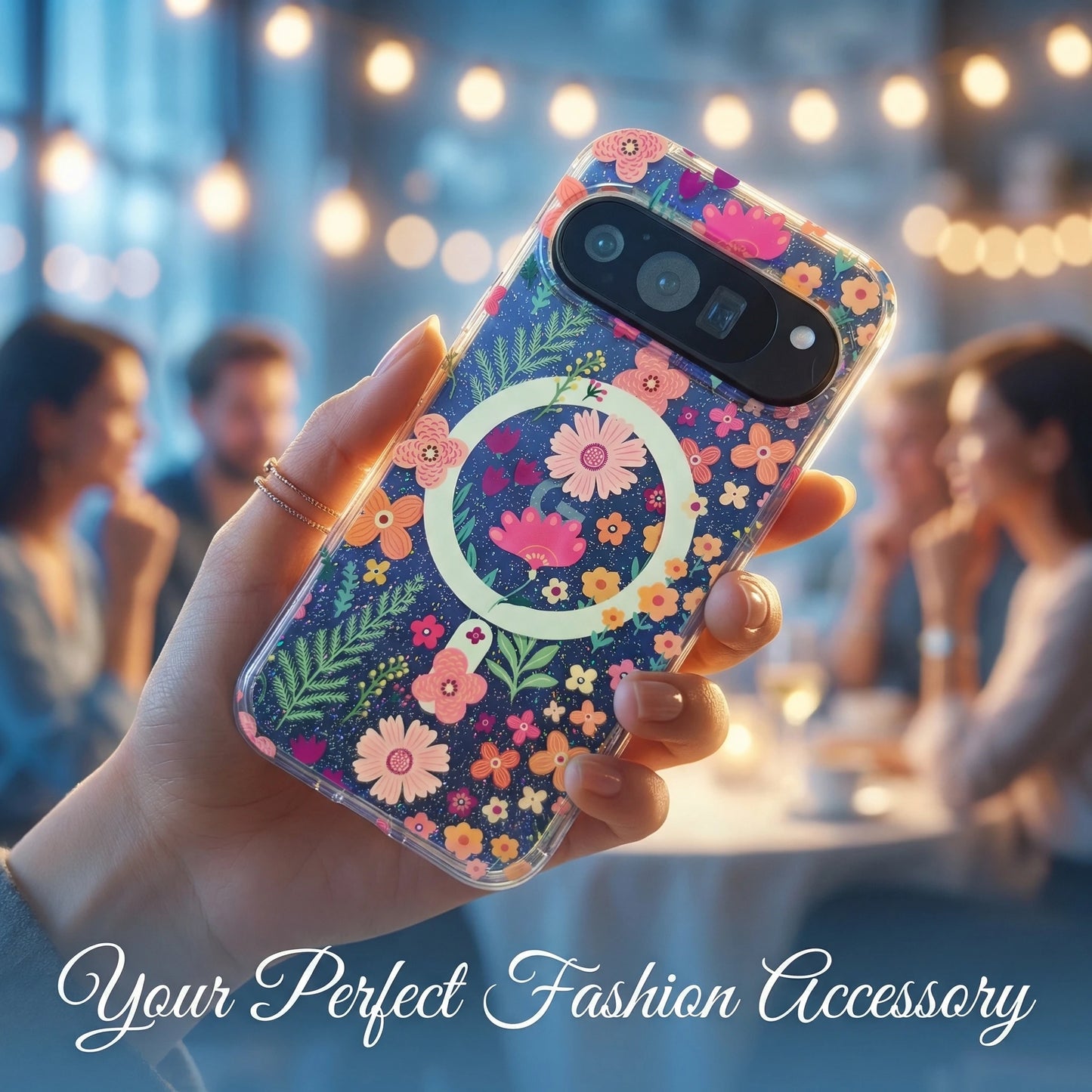 For Google Pixel 10ProXL 9ProXL 9/10Pro 10A 9A Phone Case, IMD Floral Transparent Glitter Gradient Blue Light Shockproof Cover.